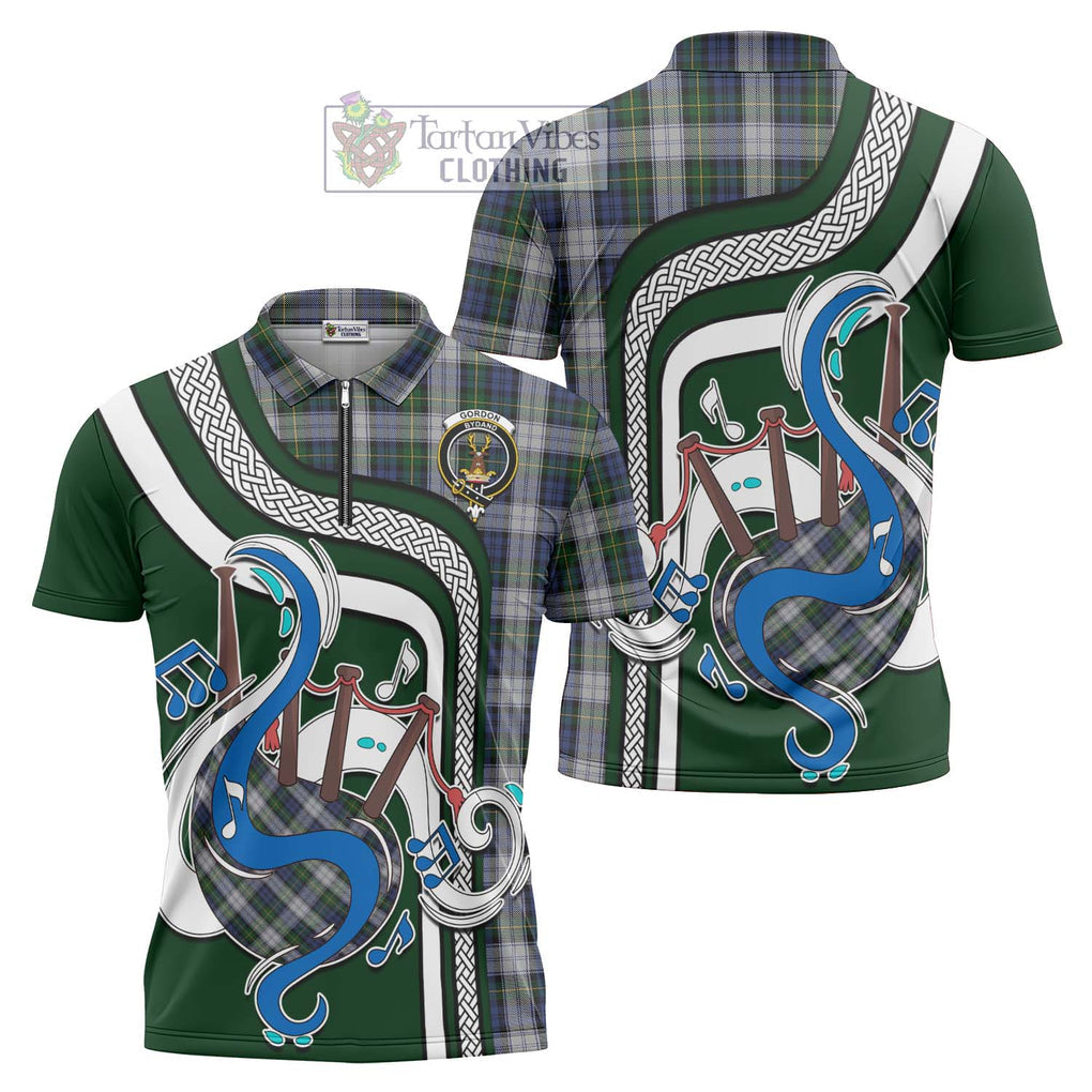 Gordon Dress Tartan Zipper Polo Shirt with Epic Bagpipe Style Unisex - Tartanvibesclothing Shop