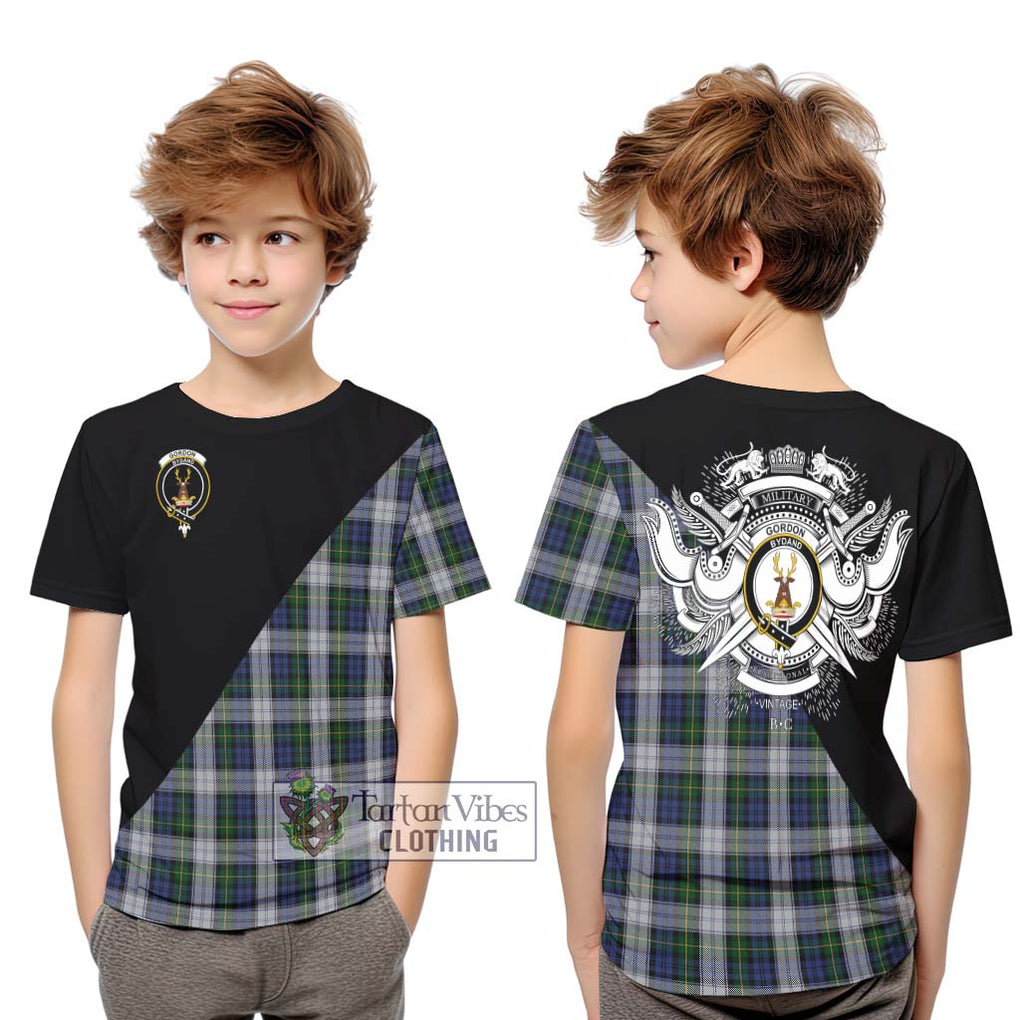 Gordon Dress Tartan Kid T-Shirt with Family Crest and Military Logo Style Youth XL Size14 - Tartanvibesclothing Shop