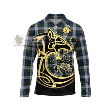 Gordon Dress Tartan Long Sleeve Polo Shirt with Family Crest Celtic Wolf Style