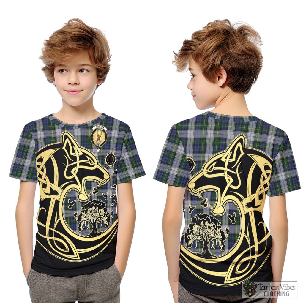 Gordon Dress Tartan Kid T-Shirt with Family Crest Celtic Wolf Style Youth XL Size14 - Tartan Vibes Clothing