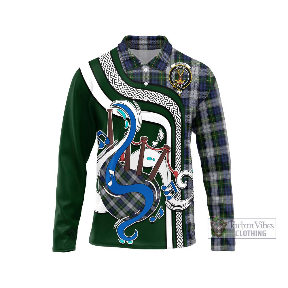 Tartan Vibes Clothing Gordon Dress Tartan Long Sleeve Polo Shirt with Epic Bagpipe Style