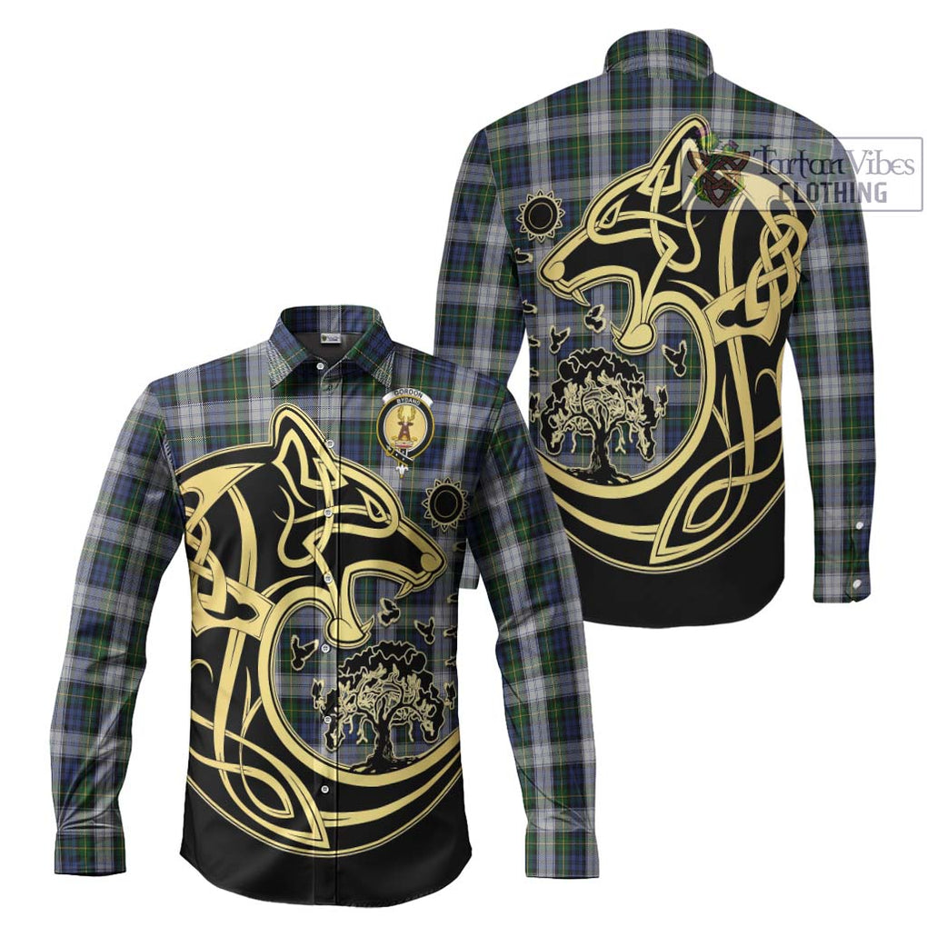 Gordon Dress Tartan Long Sleeve Button Shirt with Family Crest Celtic Wolf Style Men's Shirt S - Tartan Vibes Clothing