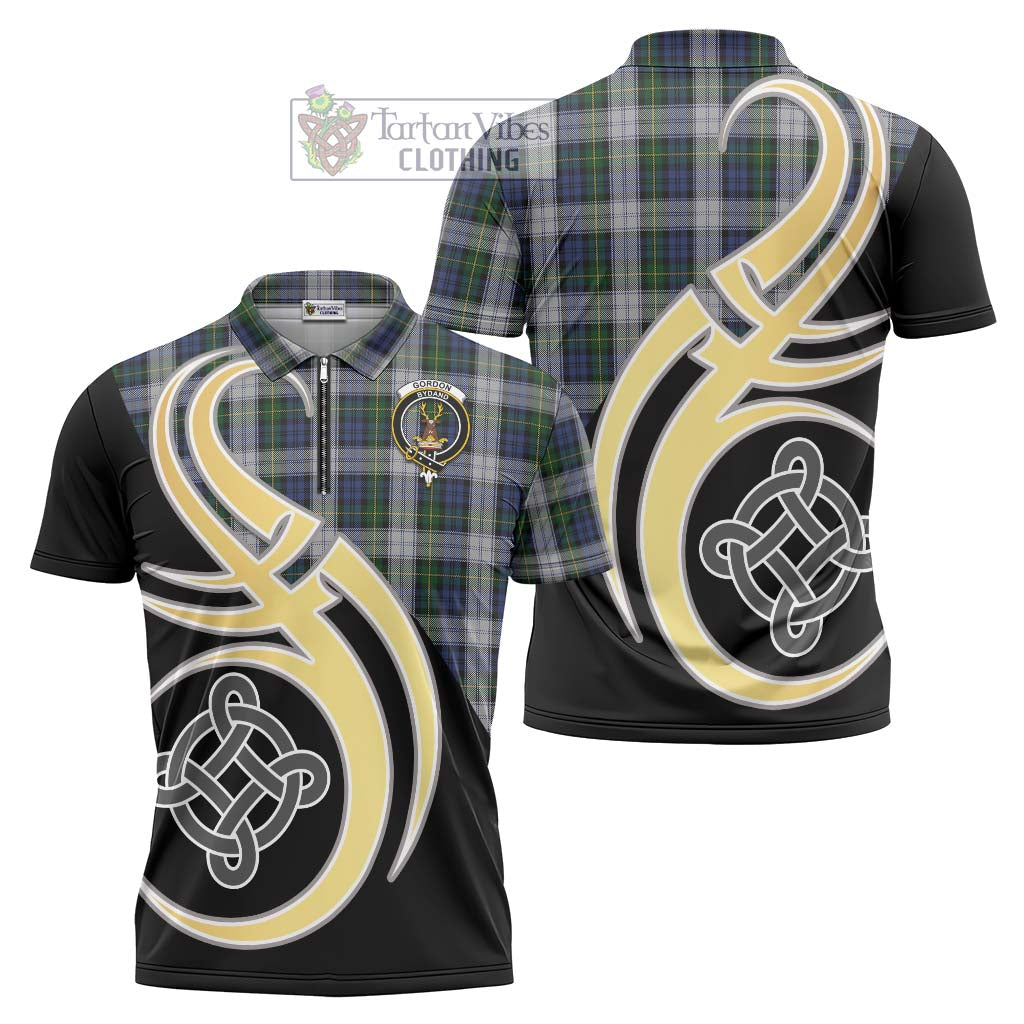 Tartan Vibes Clothing Gordon Dress Tartan Zipper Polo Shirt with Family Crest and Celtic Symbol Style