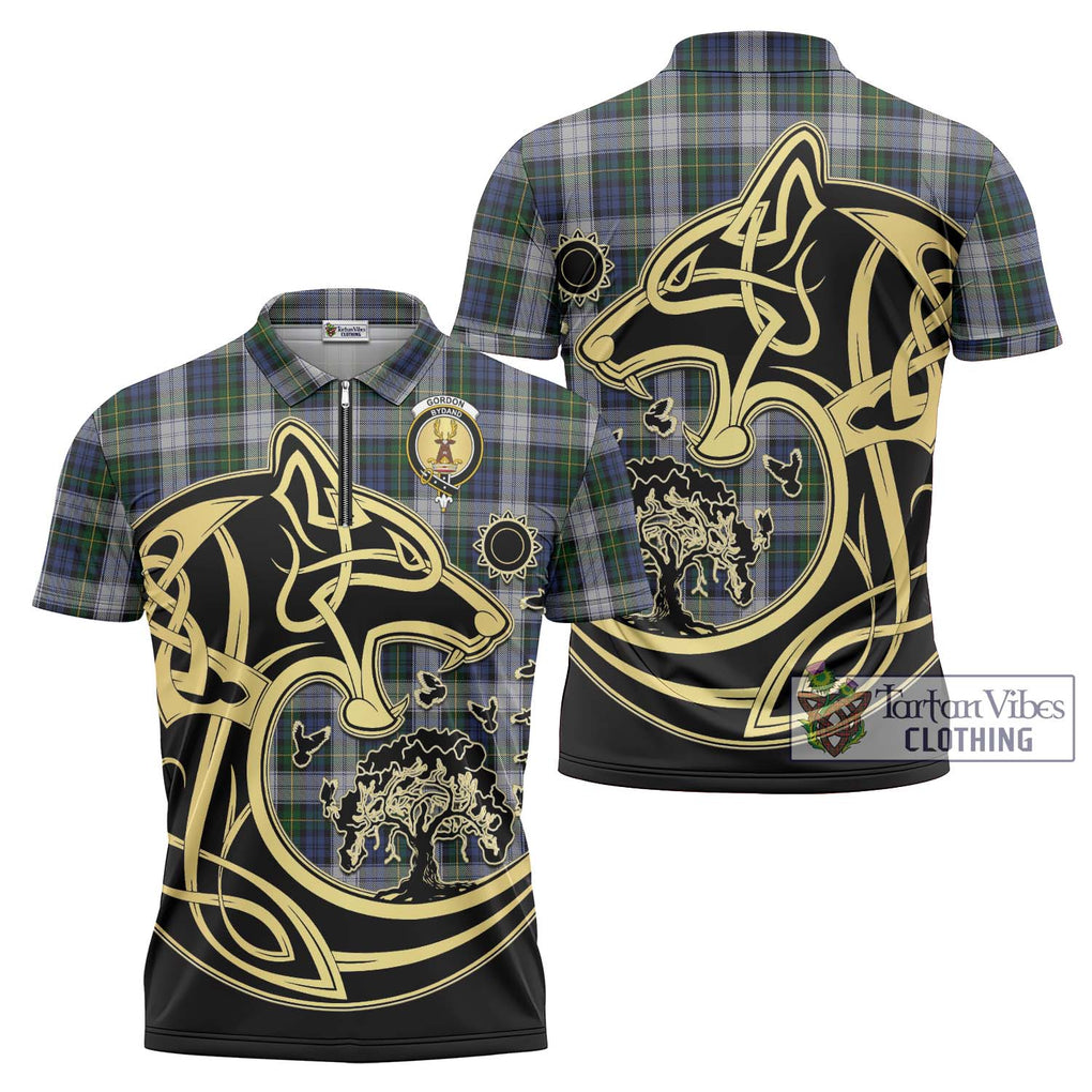 Gordon Dress Tartan Zipper Polo Shirt with Family Crest Celtic Wolf Style Unisex - Tartanvibesclothing Shop