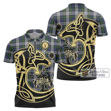 Gordon Dress Tartan Zipper Polo Shirt with Family Crest Celtic Wolf Style