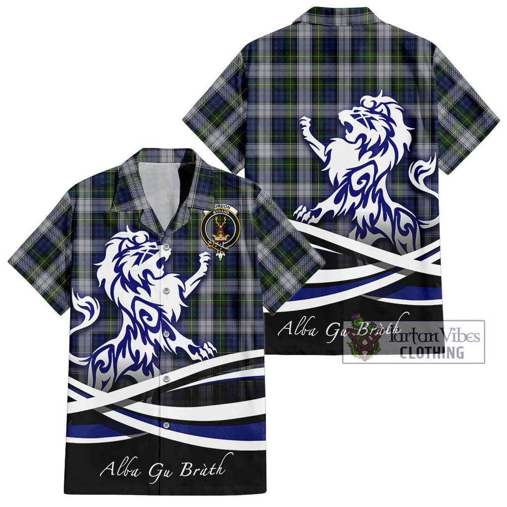 Gordon Dress Tartan Short Sleeve Button Shirt with Alba Gu Brath Regal Lion Emblem Kid - Tartanvibesclothing Shop