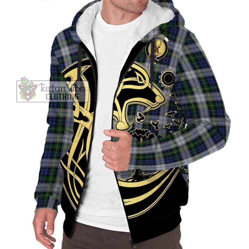 Gordon Dress Tartan Sherpa Hoodie with Family Crest Celtic Wolf Style Unisex S - Tartan Vibes Clothing