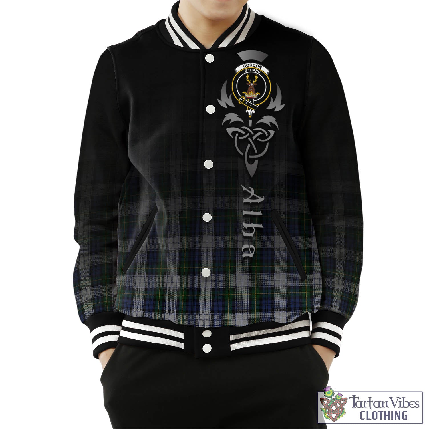 Tartan Vibes Clothing Gordon Dress Tartan Baseball Jacket Featuring Alba Gu Brath Family Crest Celtic Inspired