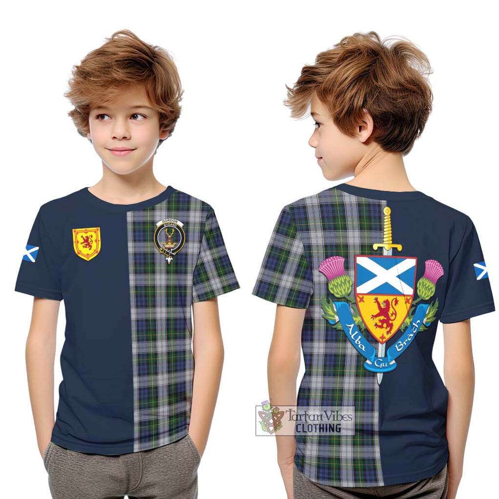 Tartan Vibes Clothing Gordon Dress Tartan Kid T-Shirt with Scottish Lion Royal Arm Half Style