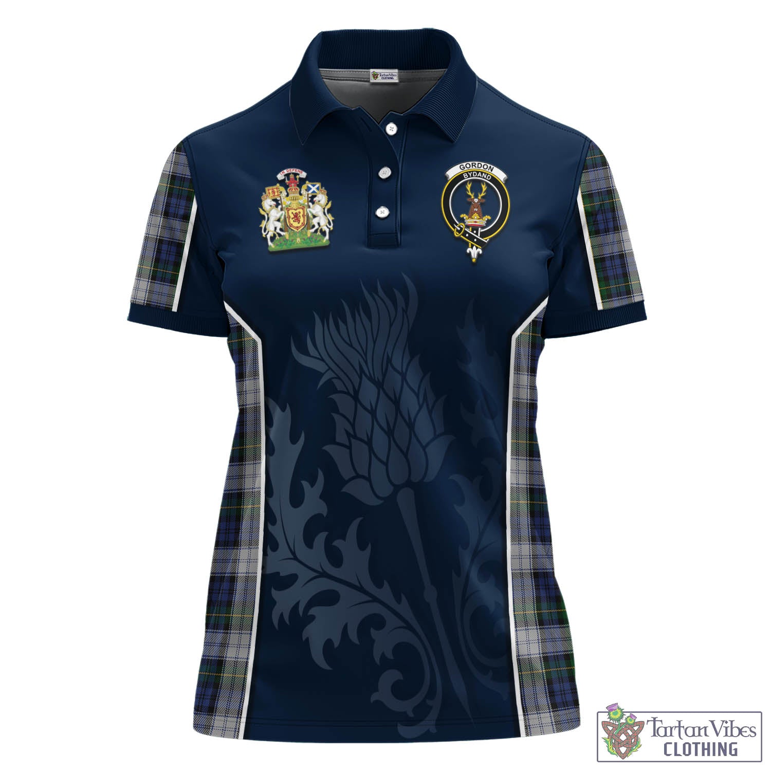 Tartan Vibes Clothing Gordon Dress Tartan Women's Polo Shirt with Family Crest and Scottish Thistle Vibes Sport Style