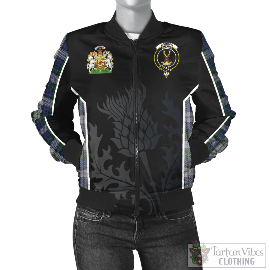 Tartan Vibes Clothing Gordon Dress Tartan Bomber Jacket with Family Crest and Scottish Thistle Vibes Sport Style