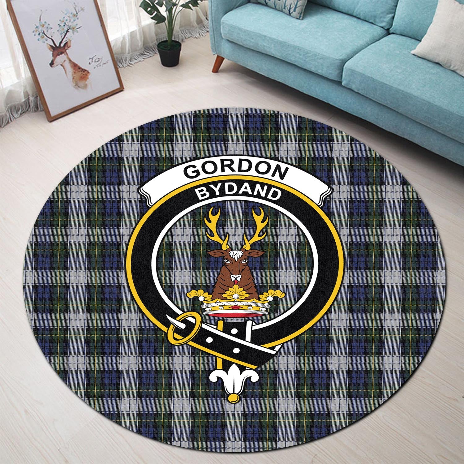 gordon-dress-tartan-round-rug-with-family-crest