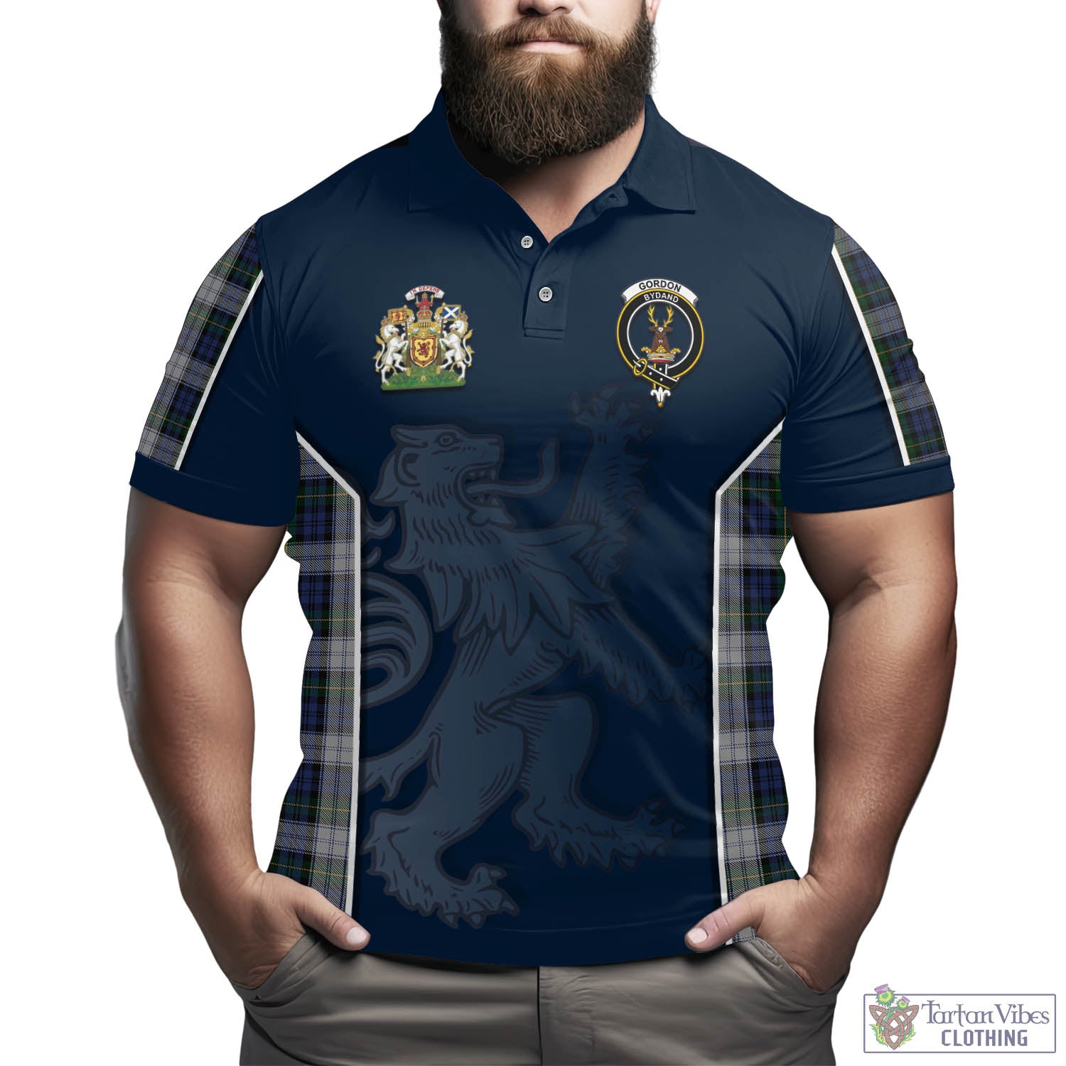 Tartan Vibes Clothing Gordon Dress Tartan Men's Polo Shirt with Family Crest and Lion Rampant Vibes Sport Style