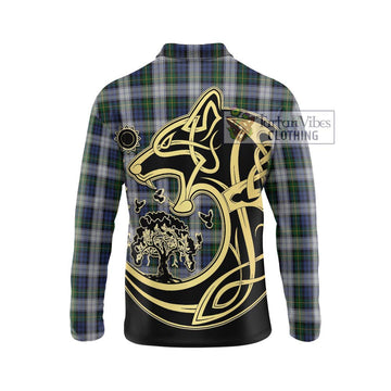 Gordon Dress Tartan Long Sleeve Polo Shirt with Family Crest Celtic Wolf Style