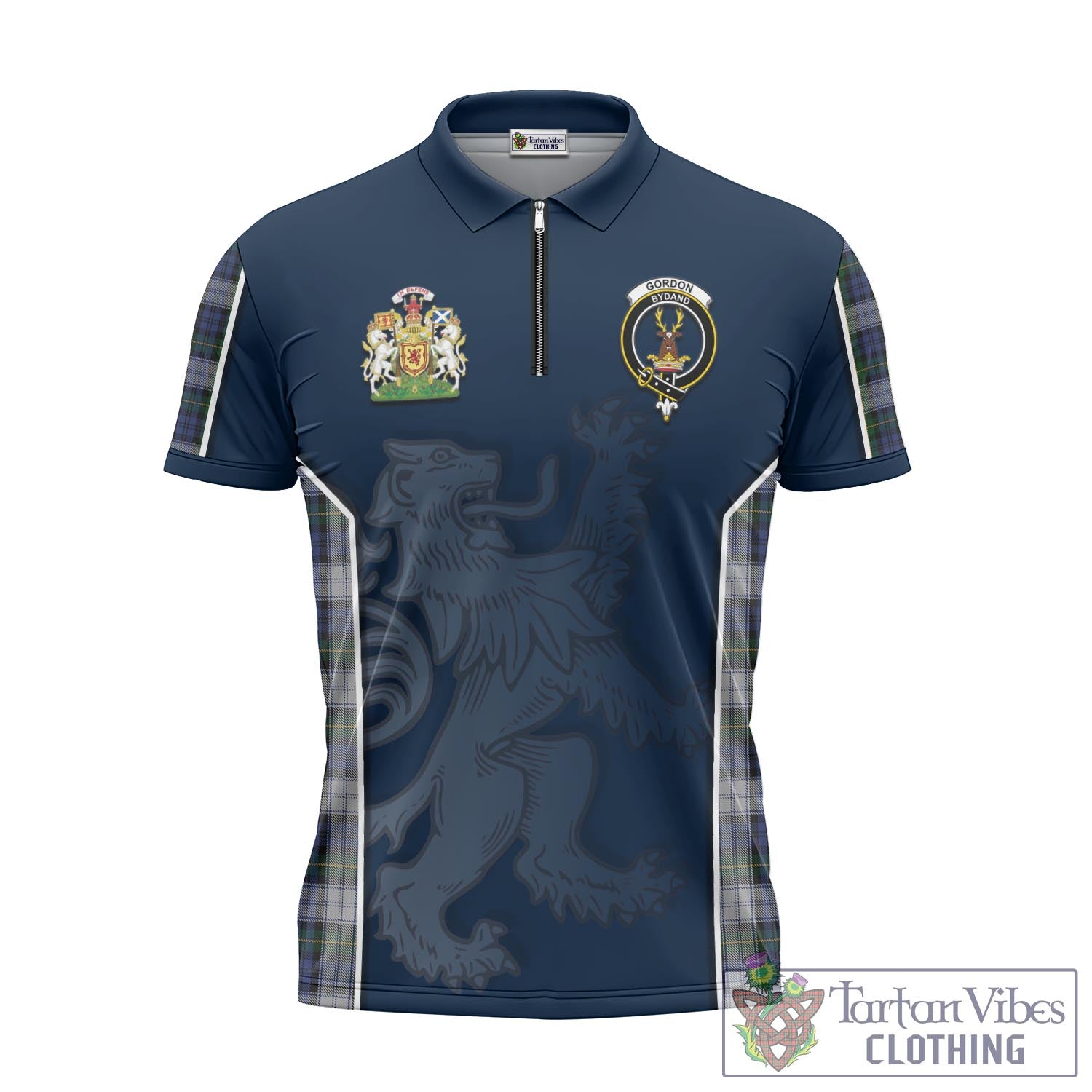 Tartan Vibes Clothing Gordon Dress Tartan Zipper Polo Shirt with Family Crest and Lion Rampant Vibes Sport Style