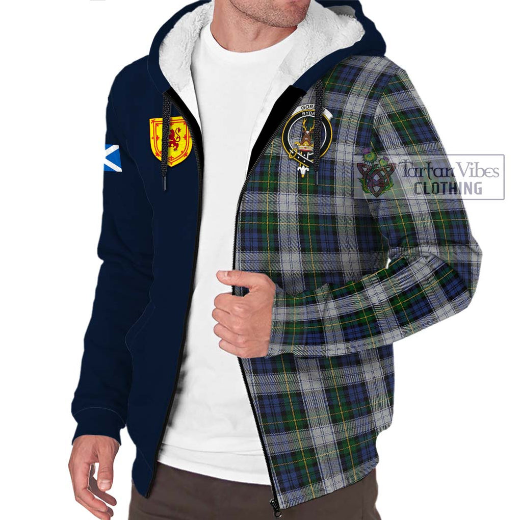 Tartan Vibes Clothing Gordon Dress Tartan Sherpa Hoodie with Scottish Lion Royal Arm Half Style