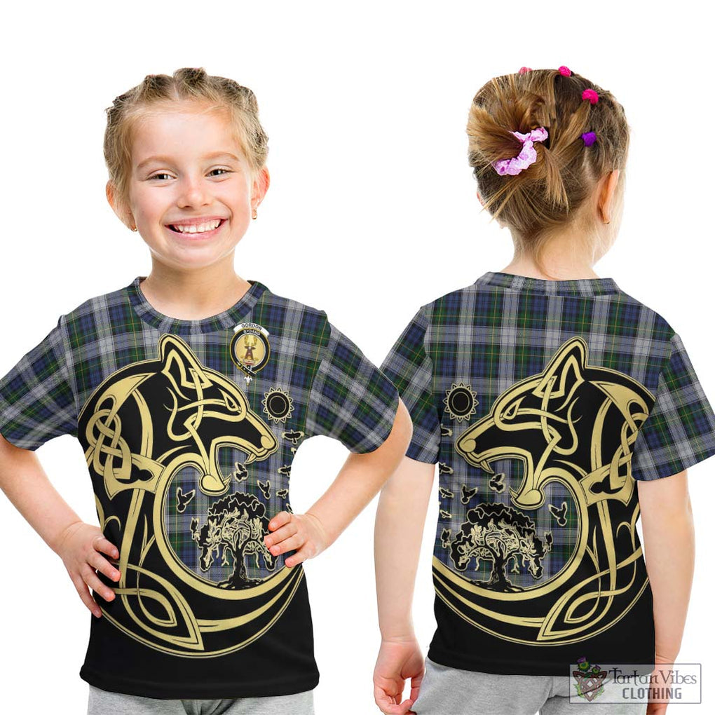 Gordon Dress Tartan Kid T-Shirt with Family Crest Celtic Wolf Style - Tartan Vibes Clothing