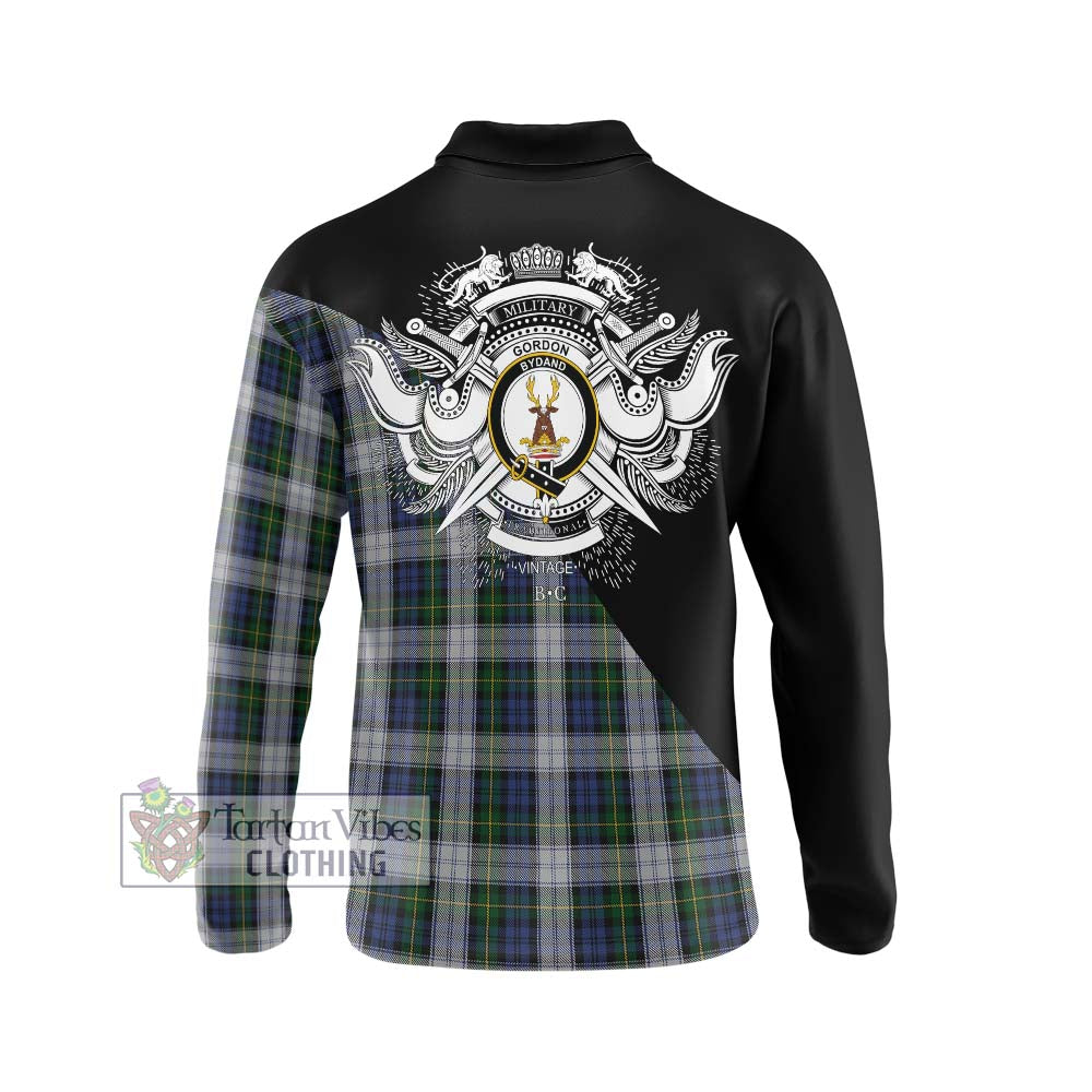 Gordon Dress Tartan Long Sleeve Polo Shirt with Family Crest and Military Logo Style - Tartanvibesclothing Shop