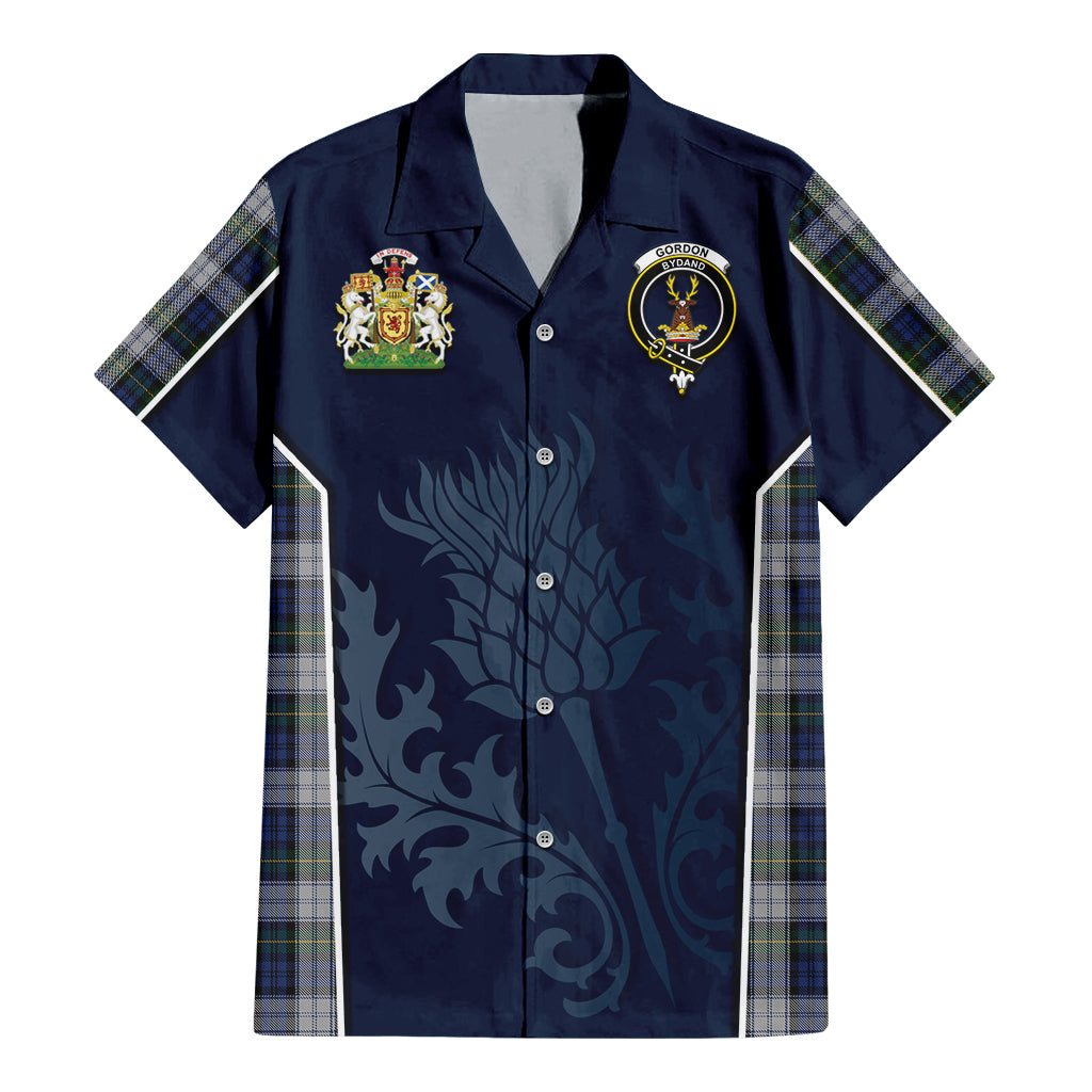 Tartan Vibes Clothing Gordon Dress Tartan Short Sleeve Button Up Shirt with Family Crest and Scottish Thistle Vibes Sport Style