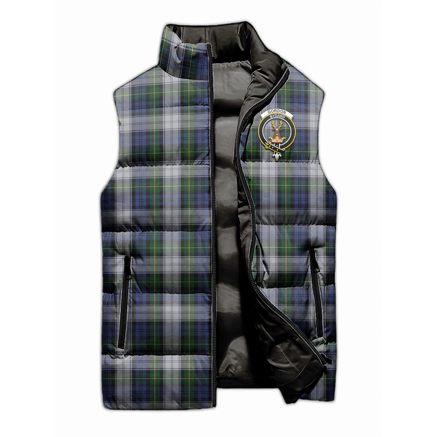 Gordon Dress Tartan Sleeveless Puffer Jacket with Family Crest - Tartanvibesclothing