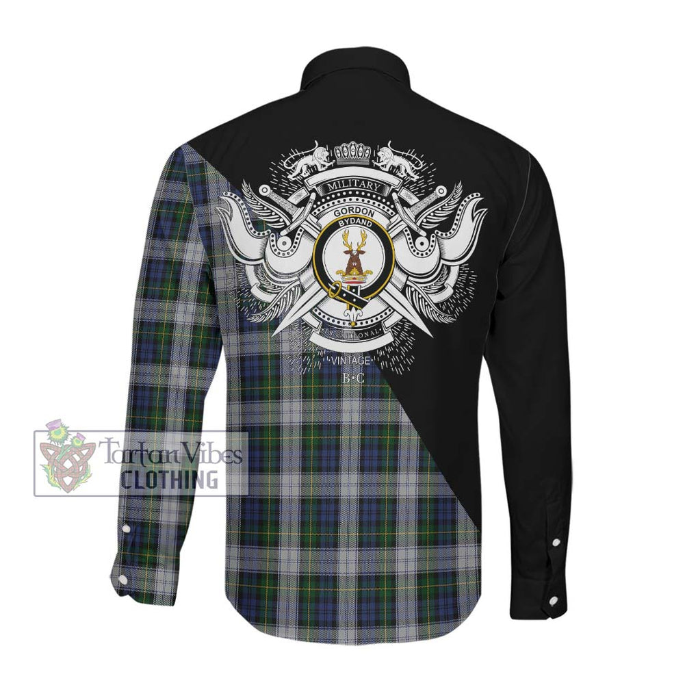 Gordon Dress Tartan Long Sleeve Button Shirt with Family Crest and Military Logo Style Men's Shirt - Tartanvibesclothing Shop