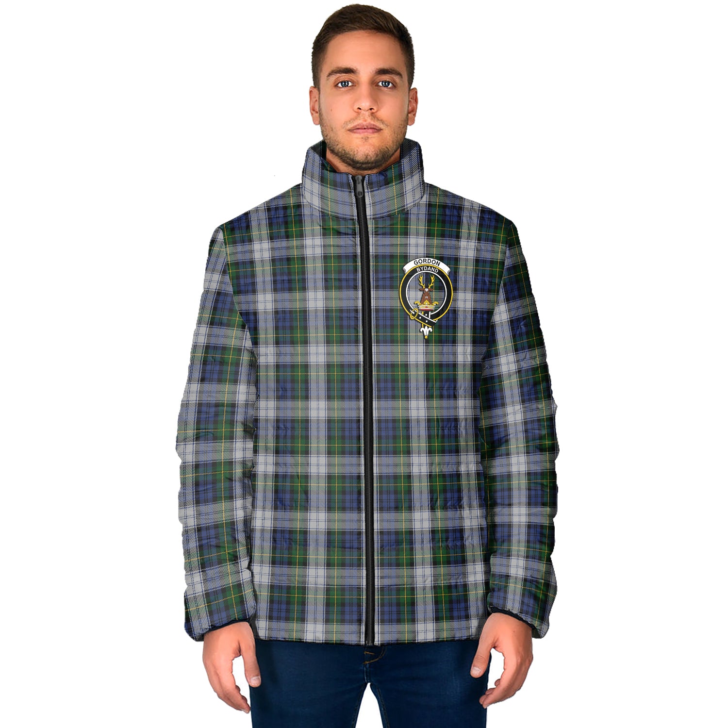 Gordon Dress Tartan Padded Jacket with Family Crest - Tartan Vibes Clothing