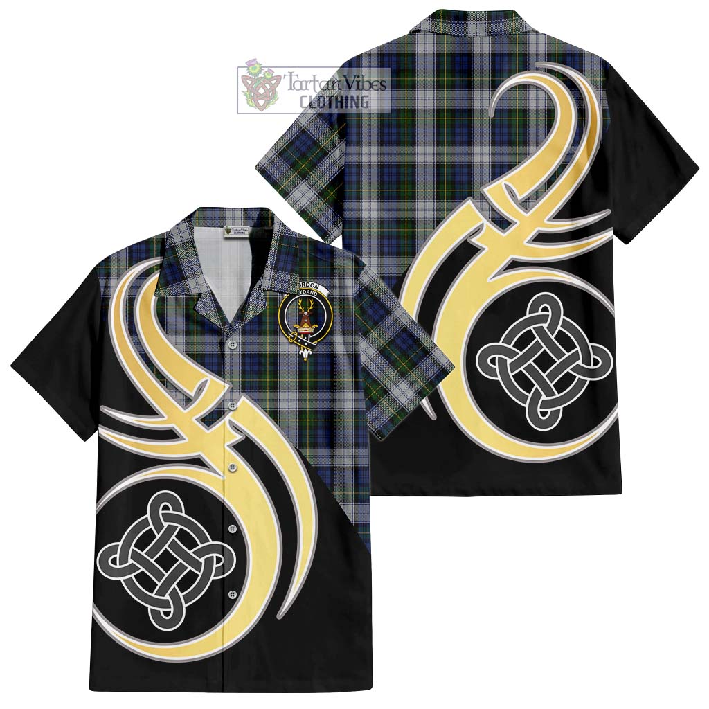 Gordon Dress Tartan Short Sleeve Button Shirt with Family Crest and Celtic Symbol Style - Tartan Vibes Clothing