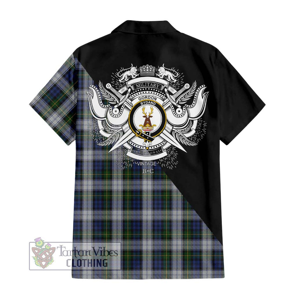 Gordon Dress Tartan Short Sleeve Button Shirt with Family Crest and Military Logo Style - Tartanvibesclothing Shop