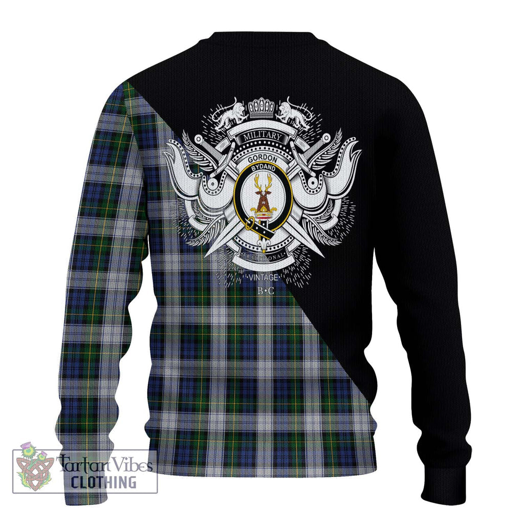 Gordon Dress Tartan Knitted Sweater with Family Crest and Military Logo Style - Tartanvibesclothing Shop