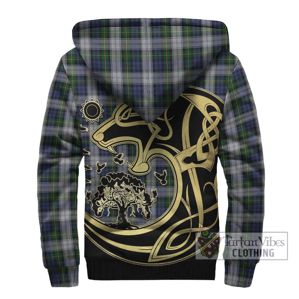 Gordon Dress Tartan Sherpa Hoodie with Family Crest Celtic Wolf Style - Tartan Vibes Clothing