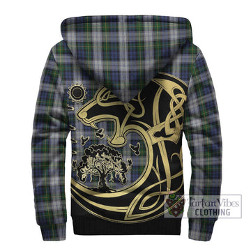 Gordon Dress Tartan Sherpa Hoodie with Family Crest Celtic Wolf Style