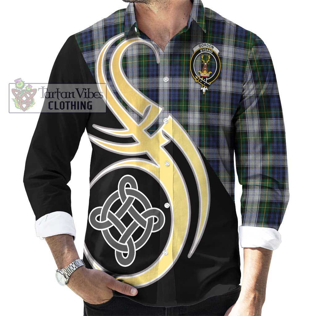 Gordon Dress Tartan Long Sleeve Button Shirt with Family Crest and Celtic Symbol Style - Tartan Vibes Clothing