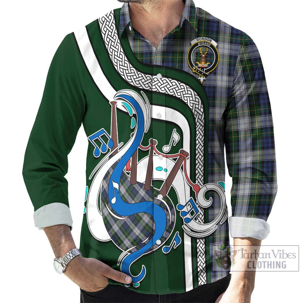 Gordon Dress Tartan Long Sleeve Button Shirt with Epic Bagpipe Style - Tartanvibesclothing Shop