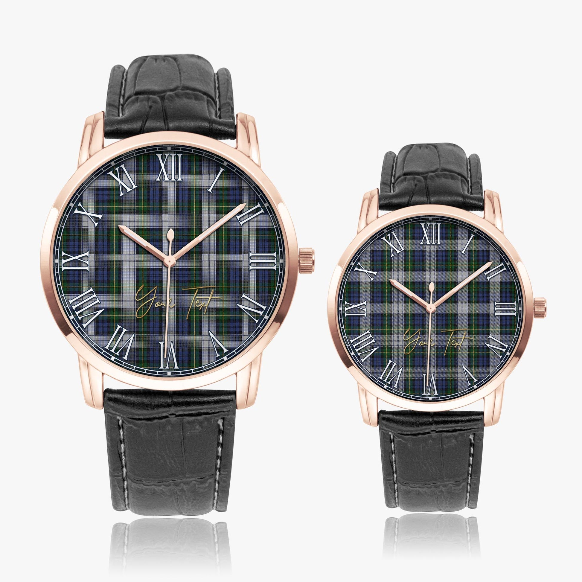 Gordon Dress Tartan Personalized Your Text Leather Trap Quartz Watch Wide Type Rose Gold Case With Black Leather Strap - Tartanvibesclothing