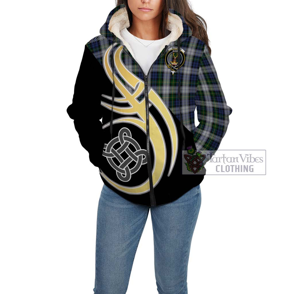 Gordon Dress Tartan Sherpa Hoodie with Family Crest and Celtic Symbol Style Unisex - Tartan Vibes Clothing