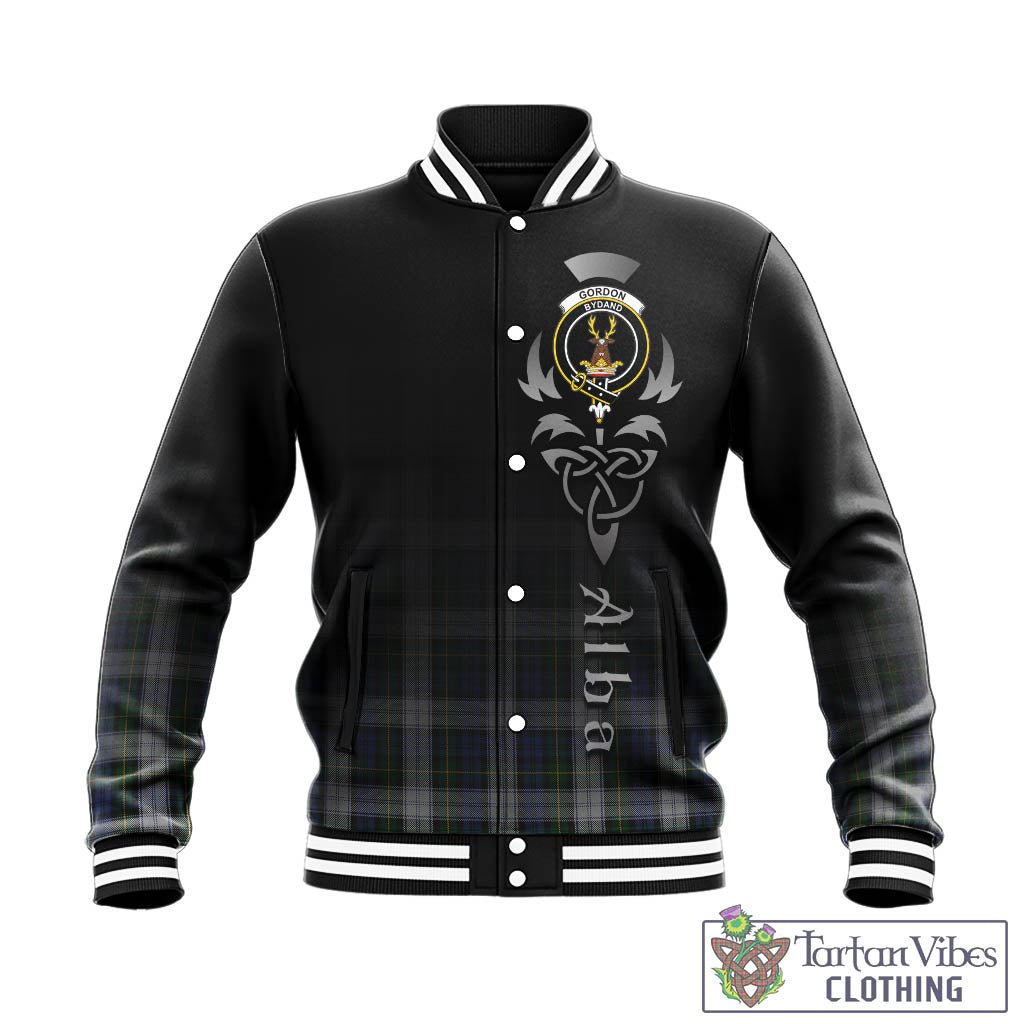 Tartan Vibes Clothing Gordon Dress Tartan Baseball Jacket Featuring Alba Gu Brath Family Crest Celtic Inspired