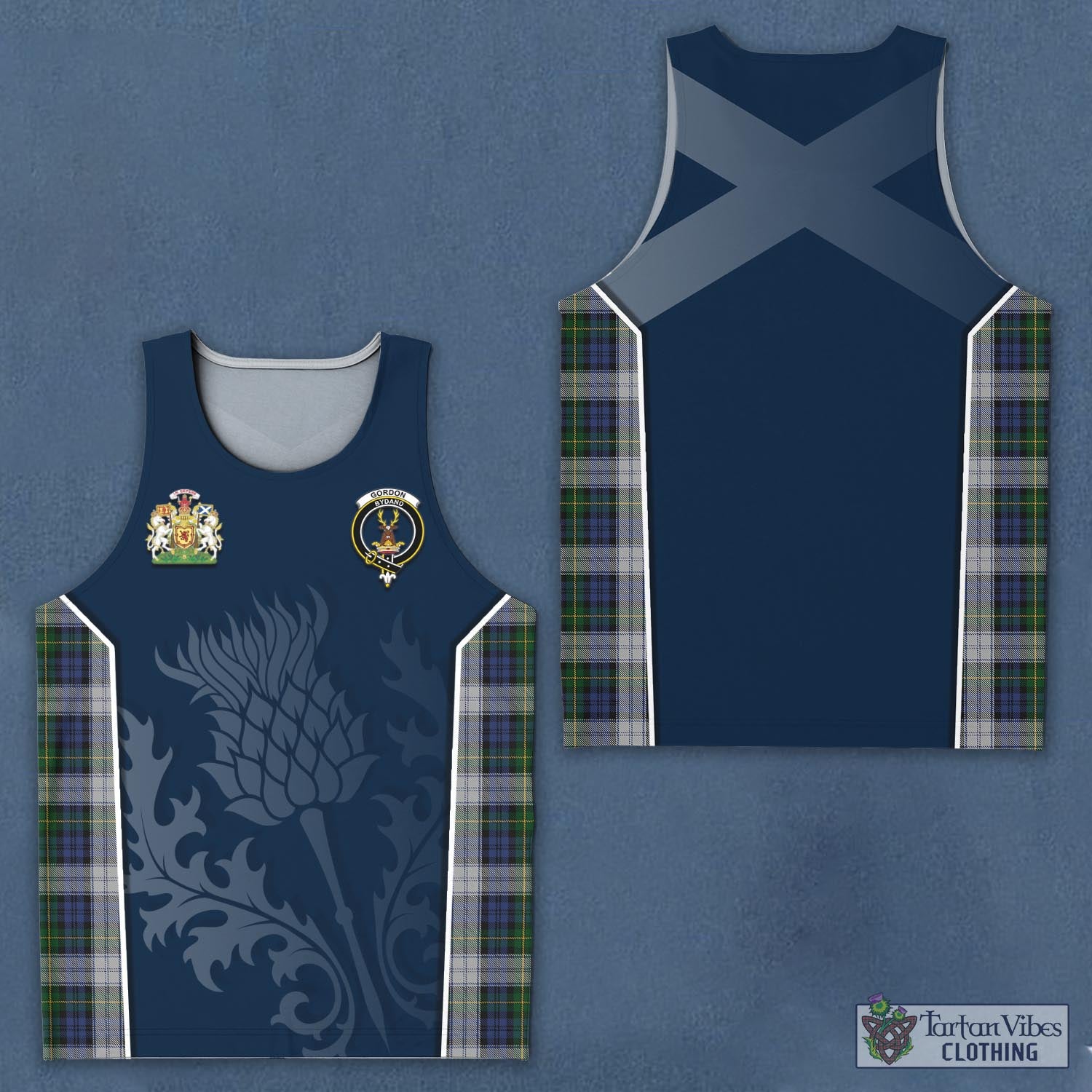 Tartan Vibes Clothing Gordon Dress Tartan Men's Tanks Top with Family Crest and Scottish Thistle Vibes Sport Style