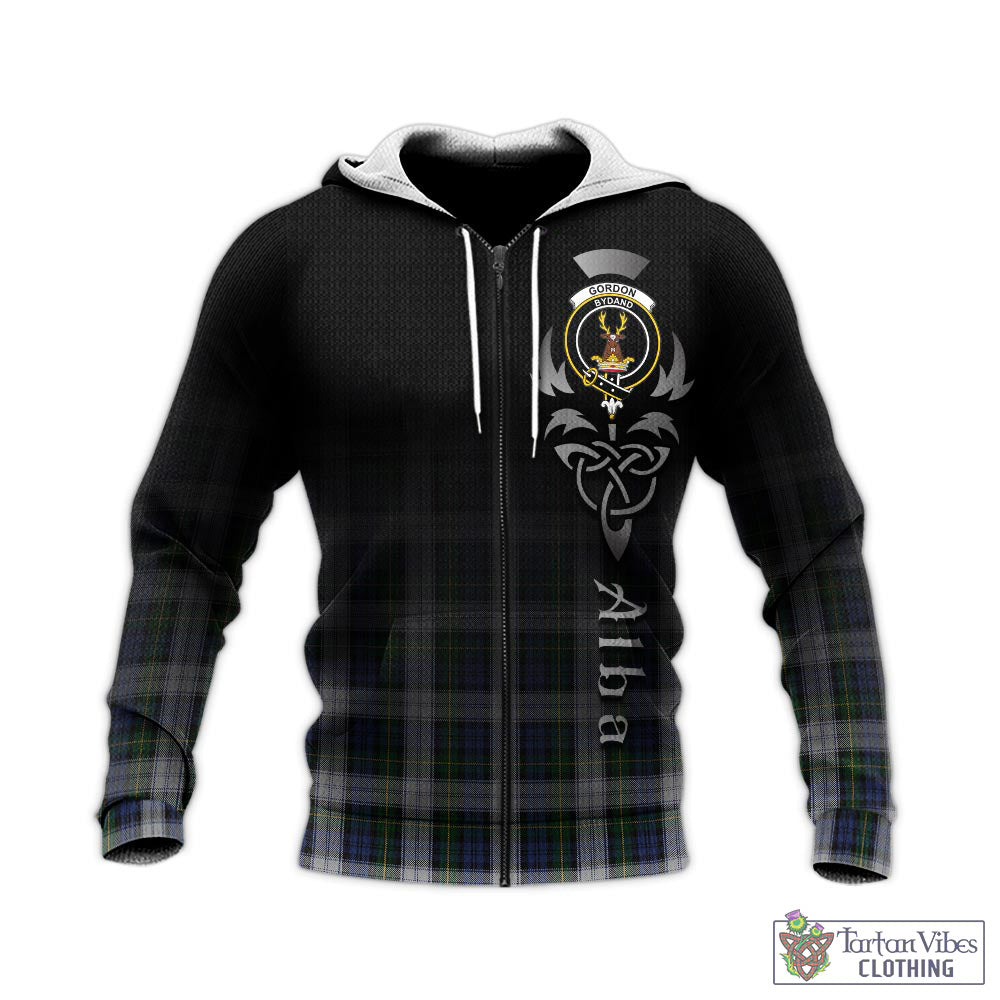 Tartan Vibes Clothing Gordon Dress Tartan Knitted Hoodie Featuring Alba Gu Brath Family Crest Celtic Inspired