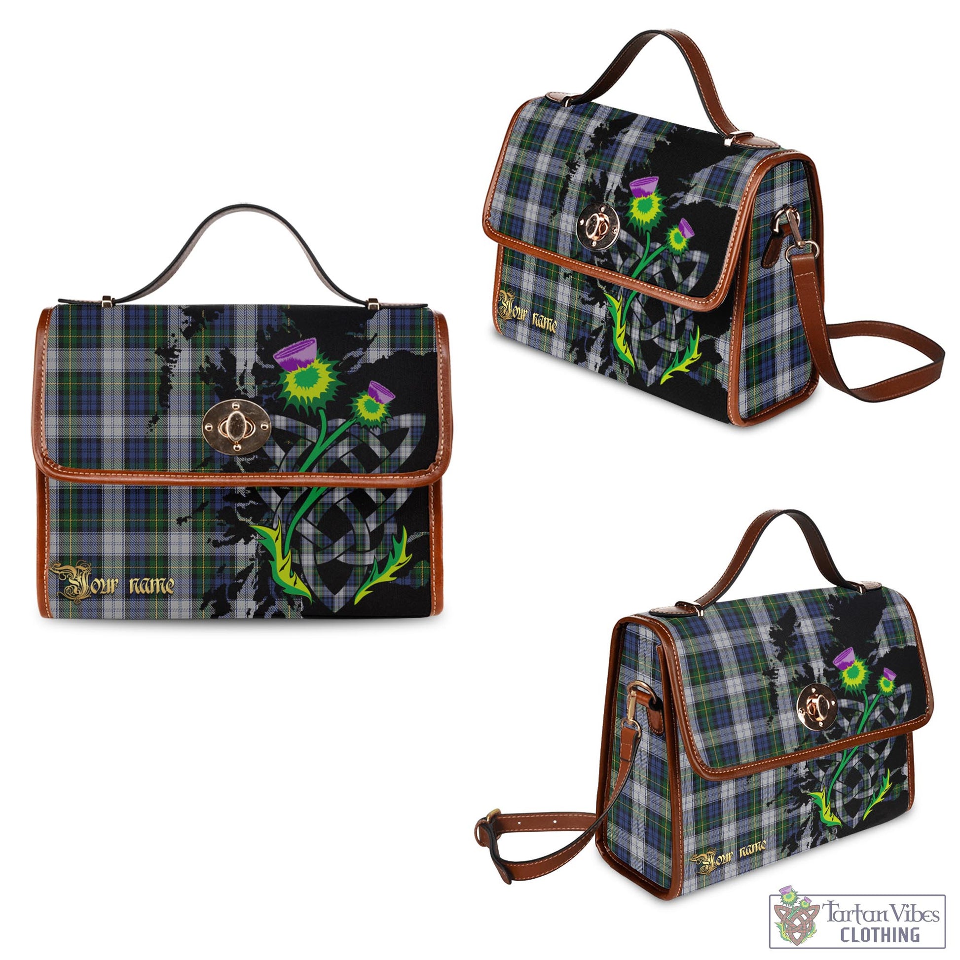 Tartan Vibes Clothing Gordon Dress Tartan Waterproof Canvas Bag with Scotland Map and Thistle Celtic Accents