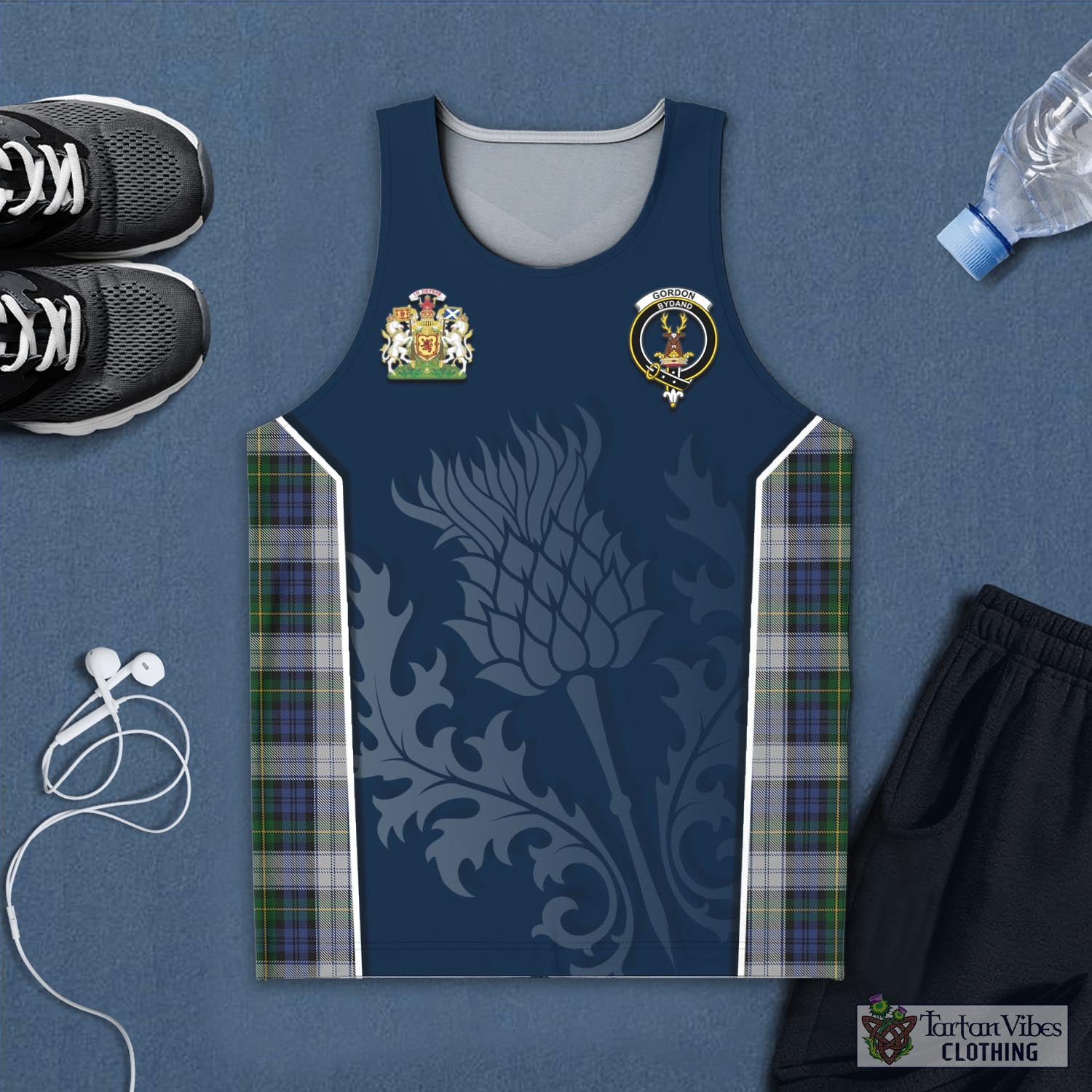 Tartan Vibes Clothing Gordon Dress Tartan Men's Tanks Top with Family Crest and Scottish Thistle Vibes Sport Style