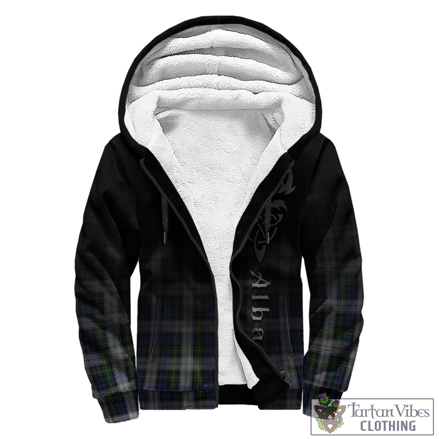 Tartan Vibes Clothing Gordon Dress Tartan Sherpa Hoodie Featuring Alba Gu Brath Family Crest Celtic Inspired