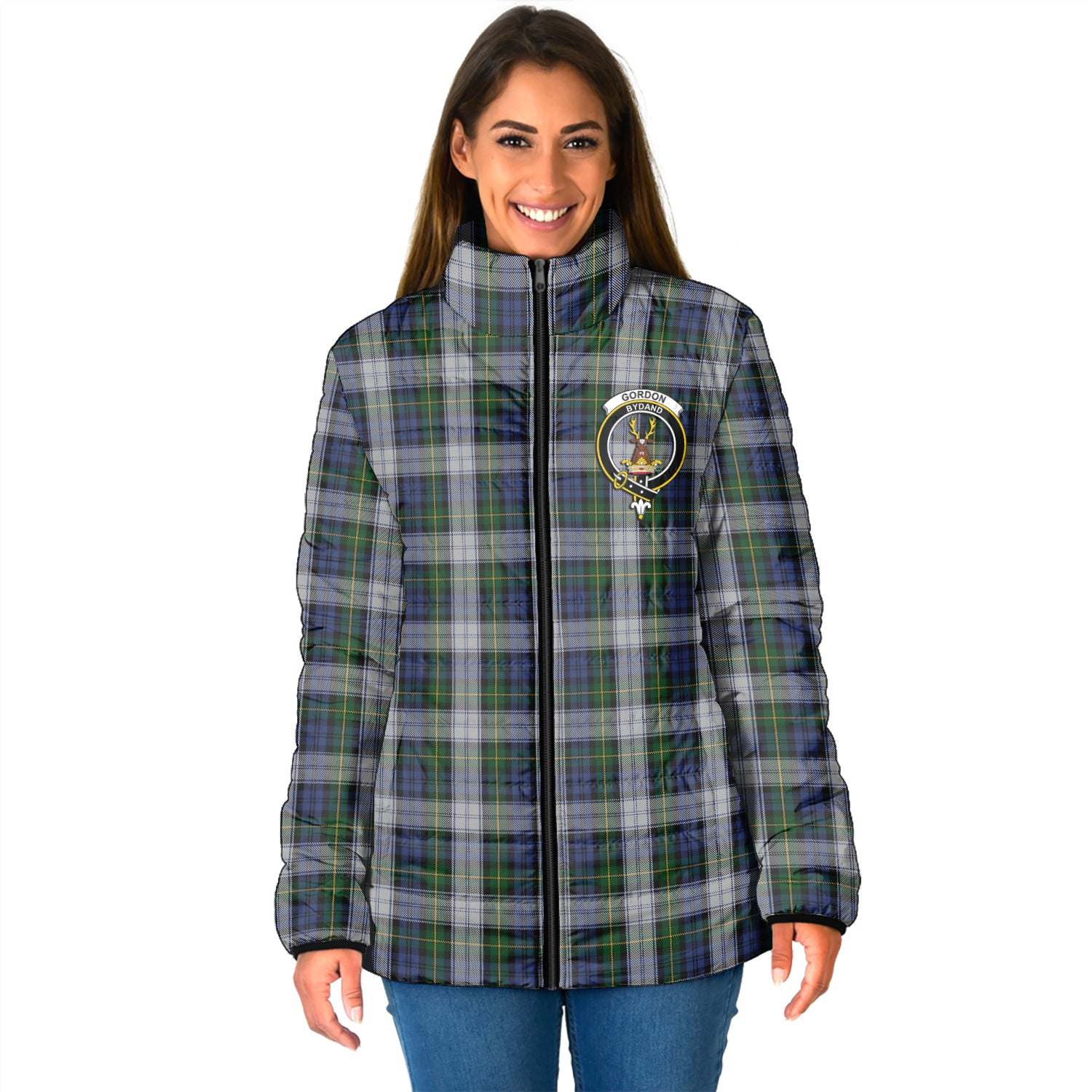 Gordon Dress Tartan Padded Jacket with Family Crest - Tartan Vibes Clothing