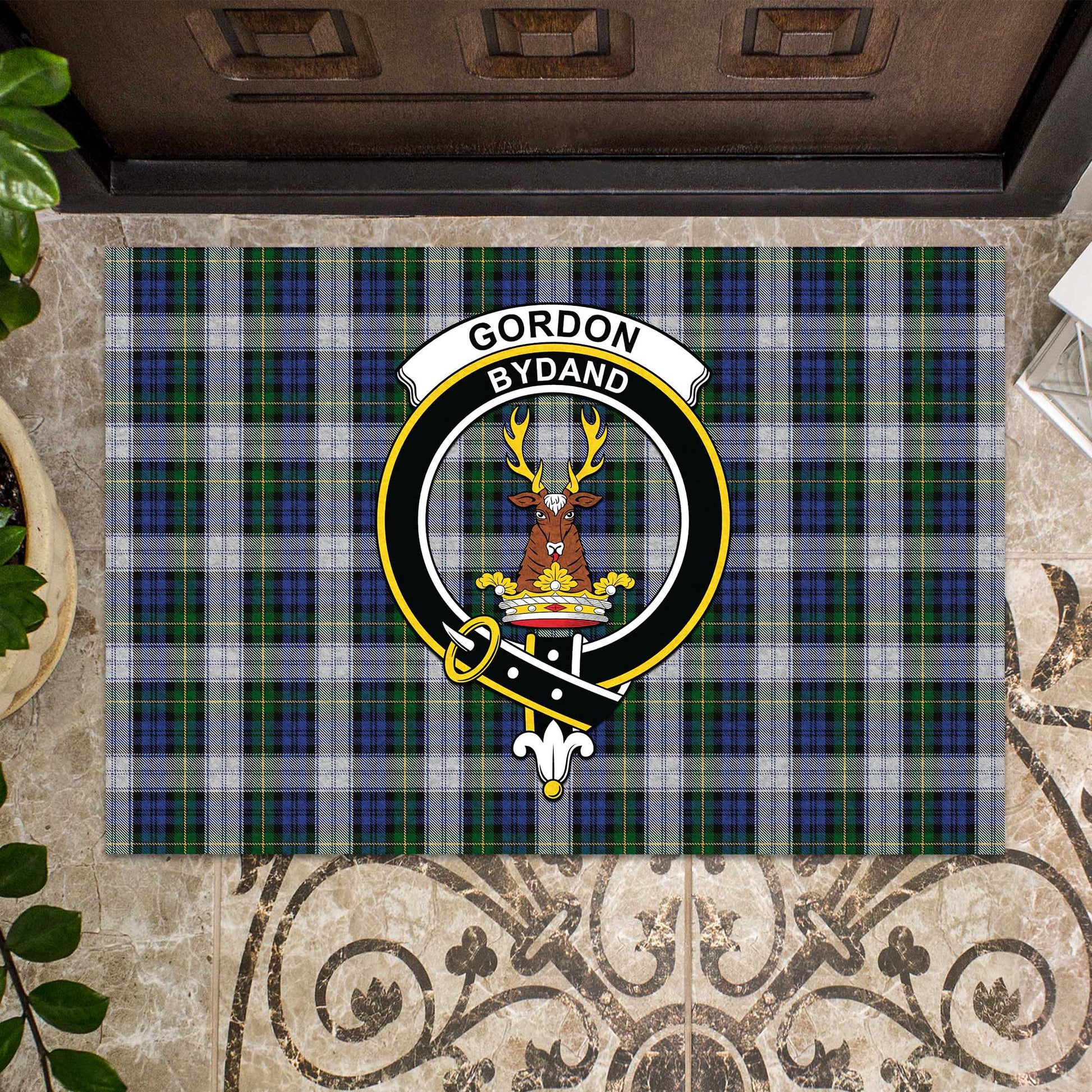 Gordon Dress Tartan Door Mat with Family Crest - Tartanvibesclothing