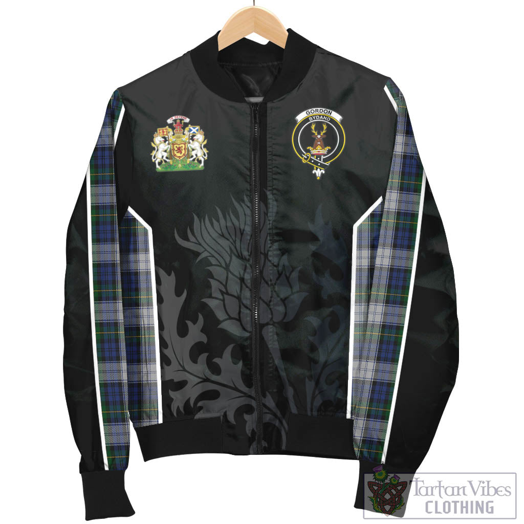 Tartan Vibes Clothing Gordon Dress Tartan Bomber Jacket with Family Crest and Scottish Thistle Vibes Sport Style