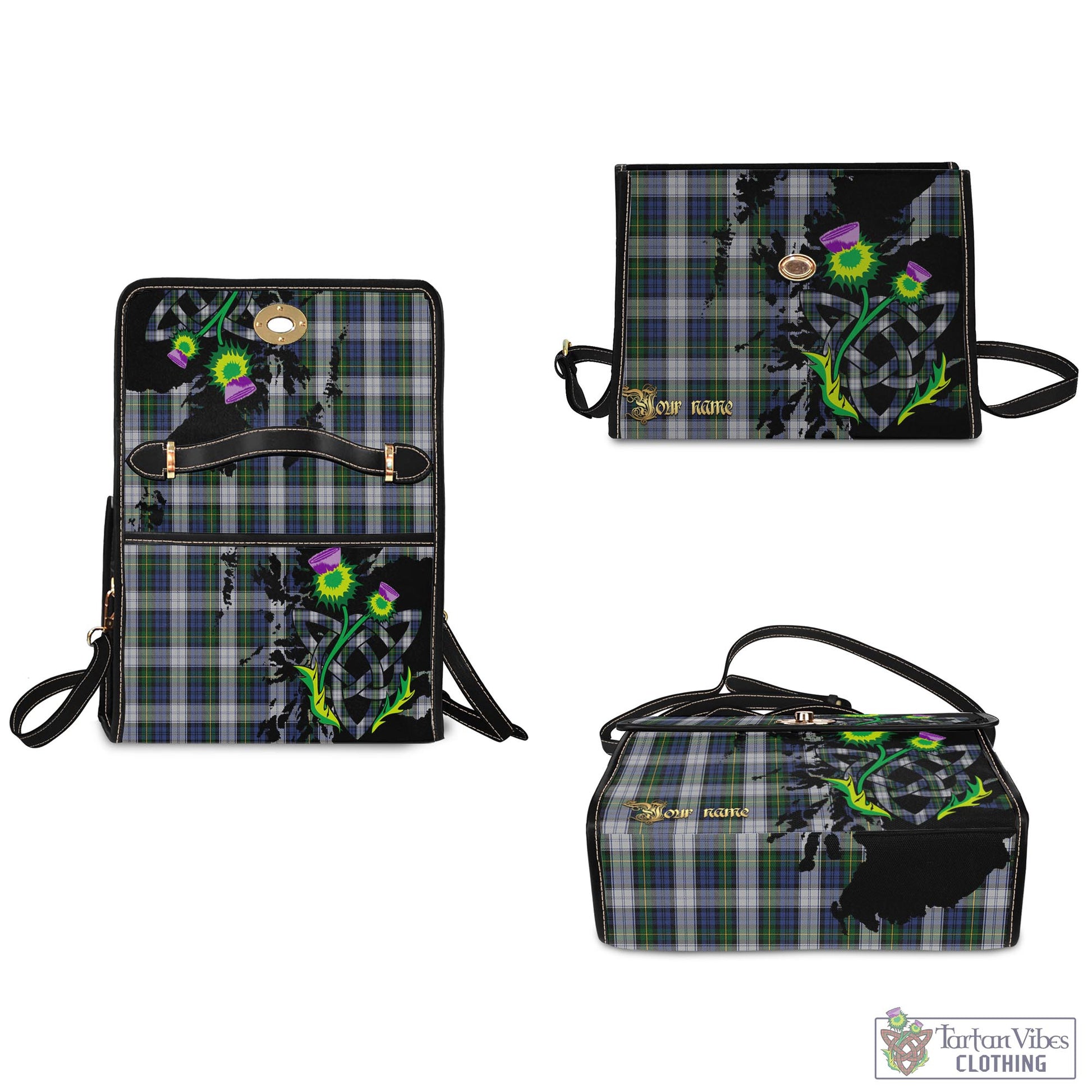 Tartan Vibes Clothing Gordon Dress Tartan Waterproof Canvas Bag with Scotland Map and Thistle Celtic Accents