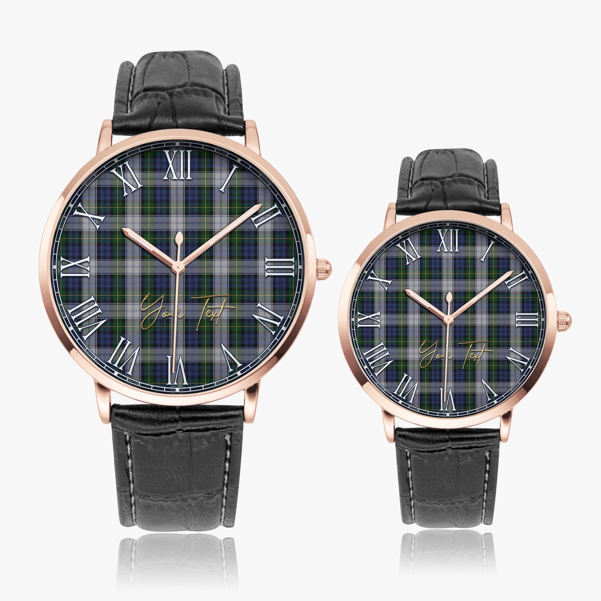 Gordon Dress Tartan Personalized Your Text Leather Trap Quartz Watch Ultra Thin Rose Gold Case With Black Leather Strap - Tartanvibesclothing