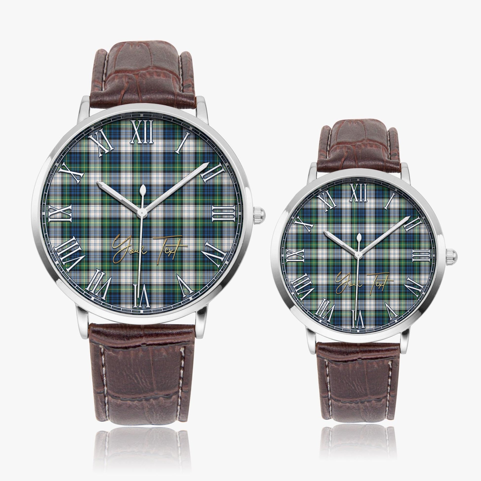 Gordon Dress Ancient Tartan Personalized Your Text Leather Trap Quartz Watch Ultra Thin Silver Case With Brown Leather Strap - Tartanvibesclothing