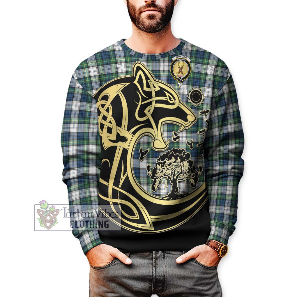 Gordon Dress Ancient Tartan Sweatshirt with Family Crest Celtic Wolf Style Unisex - Tartan Vibes Clothing