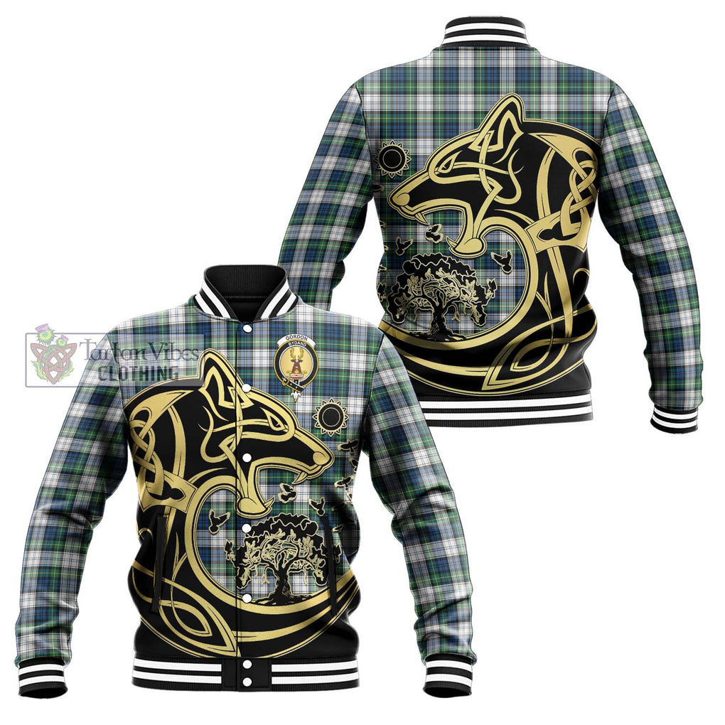 Gordon Dress Ancient Tartan Baseball Jacket with Family Crest Celtic Wolf Style Unisex - Tartan Vibes Clothing