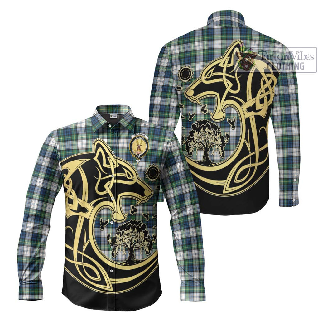 Gordon Dress Ancient Tartan Long Sleeve Button Shirt with Family Crest Celtic Wolf Style Men's Shirt S - Tartan Vibes Clothing